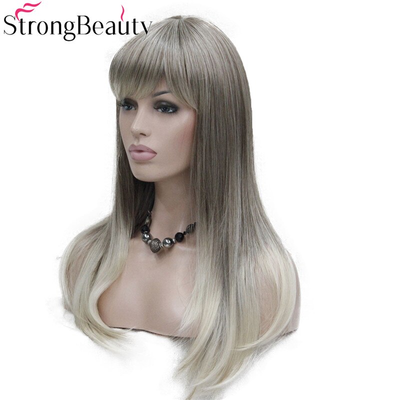 StrongBeauty Long Straight Wigs Women's Synthetic Wig Light Brown Root with Blonde Tip Dot Skin Top Hair: Default Title