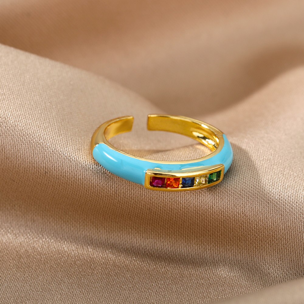 Rainbow Enamel Druipend Olie Zirkoon Ring Voor Vrouwen Rvs Goud Verstelbare Snoep Ringen Partij Sieraden Bijoux Femme: JZ2630G-4