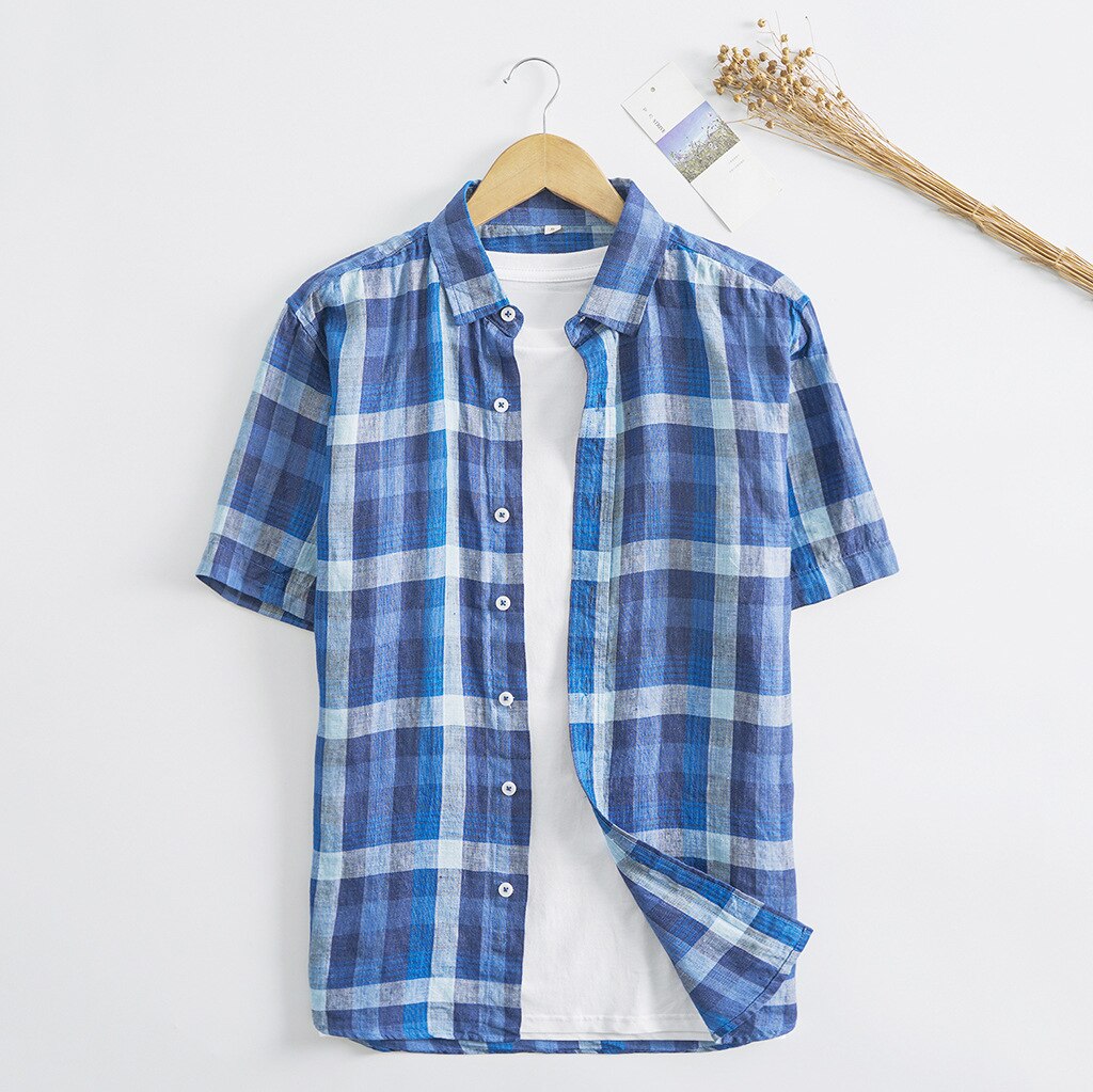 Männer Sommer Hemden 100% Flachs Plaid lässig Herren Kurzarm T Shirt Herren Kleidung Herbst Männlichen oben leinen Hemd: Blau Plaid / L