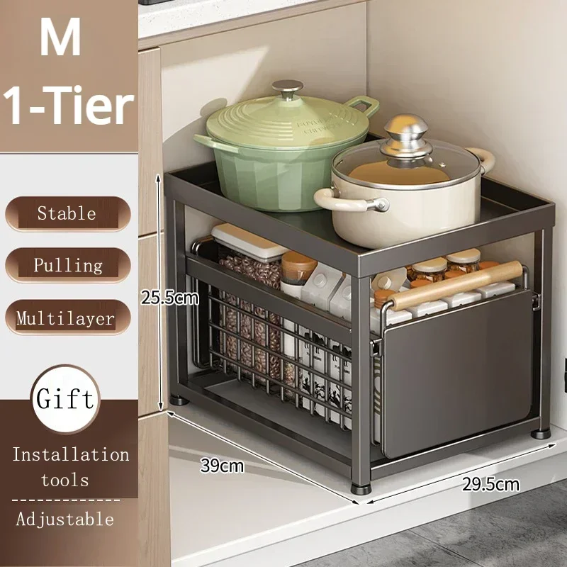 Keuken Opbergrek Schuifkast Organizer Uittrekbare Onder Gootsteen Rek Onder Gootsteen Organizer 2-Tier Badkamer Aanrecht Plank: Bruin