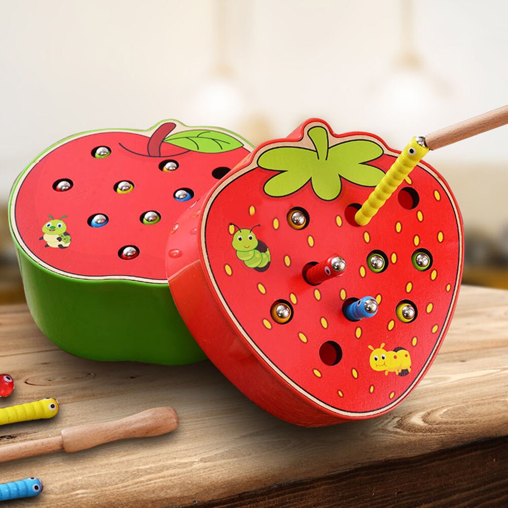 Atrapamoscas magnético de madera con forma de fruta, juego de gusanos de colores, juguete interactivo para niños,