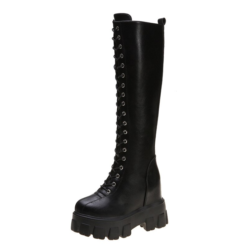 Plate-forme trapue en cuir pu genou bottes hautes femmes rétro Punk hauteur augmentant bottes longues femme à lacets chaussons Mujer erf56