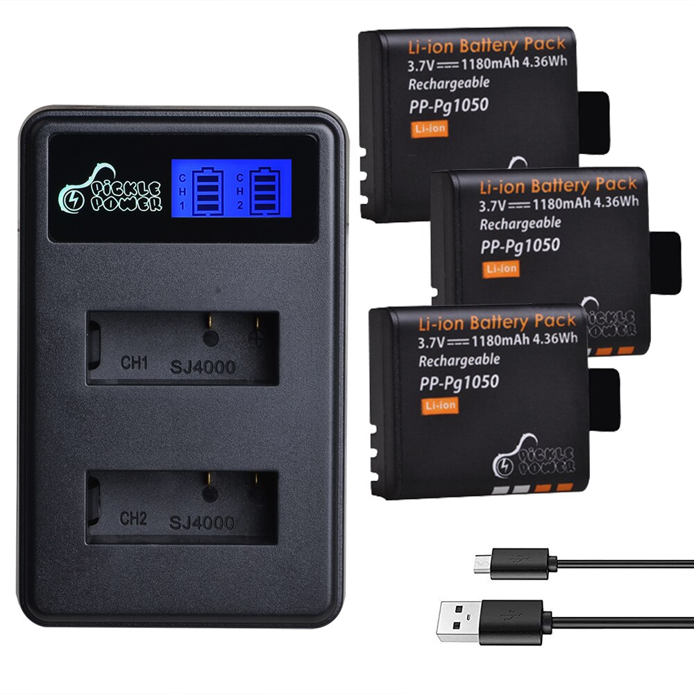 4 Uds 1180mAh PG1050 batería y cargador USB con LCD para SJCAM SJ4000 M10 SJ5000 SJ5000X para EKEN H9 H9R H8R H8 GIT PG900: Charger and 3Battery