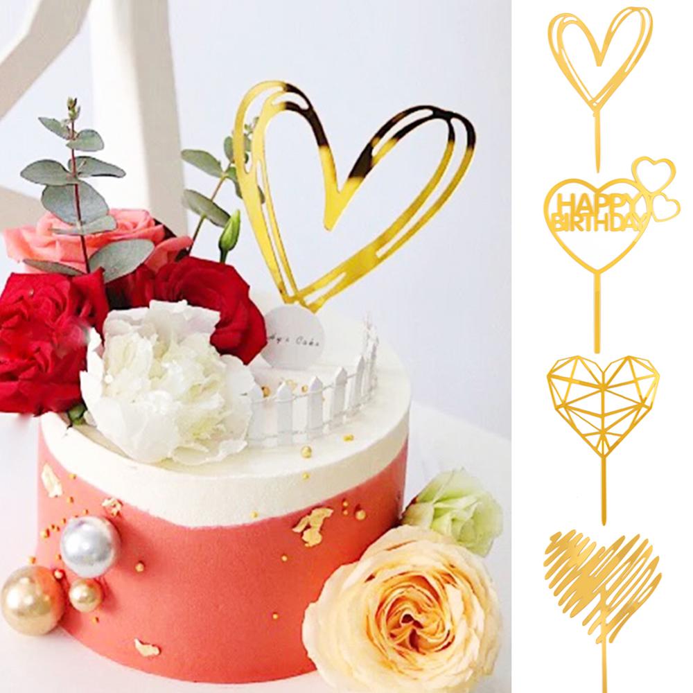 Heart Love Acrylic Cake Topper Engagement Wedding Birthday Cake Golden Resuable Topper Cupcake Dessert Decor Supplies