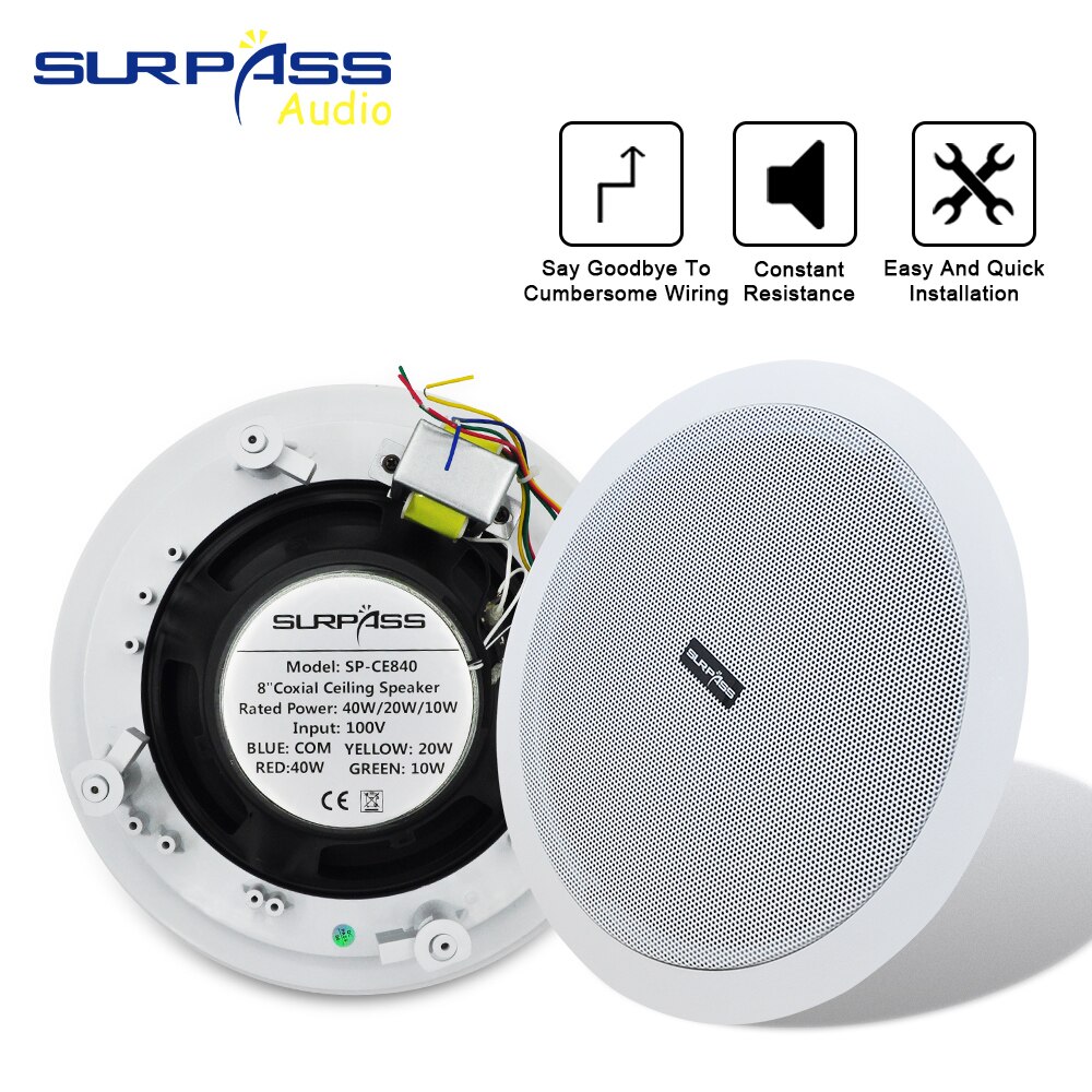 8" Passive Coxial Ceiling Speaker 40W Indoor Passive Public Address Broadcast Background Music System for Home Theater Audio