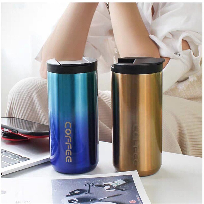 Taza de café de acero inoxidable para hombre, frasco de vacío Simple de Color degradado, a la , para oficina, práctica taza recta, novedad, , 304