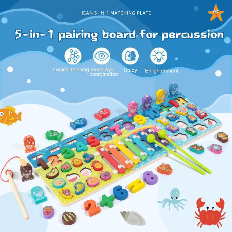 Montessori Wooden Toys For Kids Early Educational Board Math Fishing Count Numbers Matching Digital Shape Sorter Children Toy: 5 in 1 E