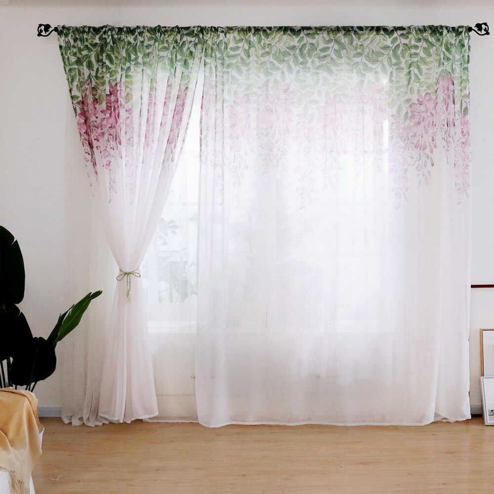 Tulle Curtain Printed Modern Flower Separated Tulle Living Room Bedroom Kitchen Draped Panel Transparent Home