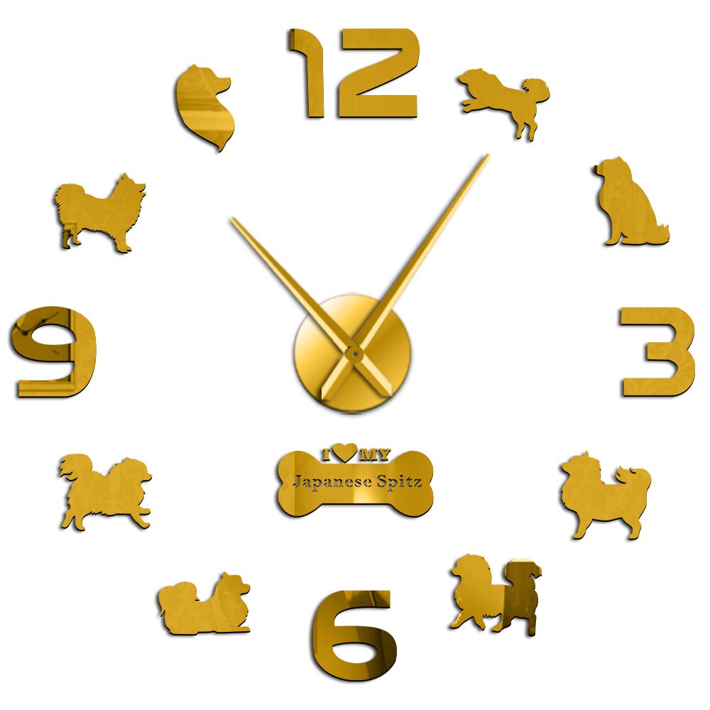 Spitz-Reloj de pared grande de acrílico para mascotas, calcomanías decorativas de pared con japonés de perro, Animal, tienda de cachorros, sin tic-tac: Gold / 27inch