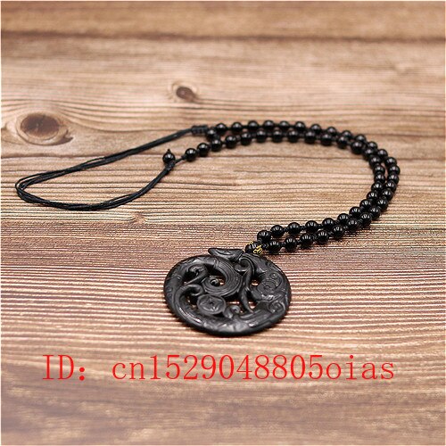 Chinese Natural Black Green Jade Phoenix Pendant Beads Necklace Charm Jewelry Double-sided Hollow Carved Amulet for Her