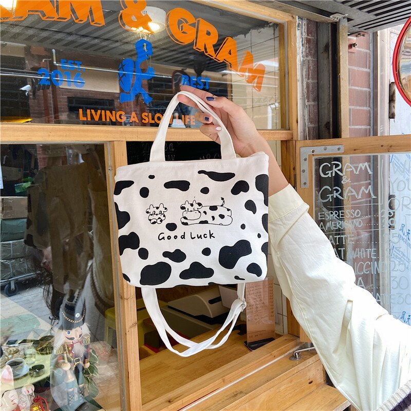 Cute Cartoon Cow Canvas Tote Bag for Women Female Student Shoulder Crossbody Bag Small Woman Purses and Handbags Single: Default Title