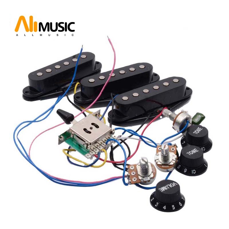 Electric Guitar Pickup Wiring Harness Prewired 5-way Switch 2T1V SSS Pickup for ST Electric Guitar Black-White