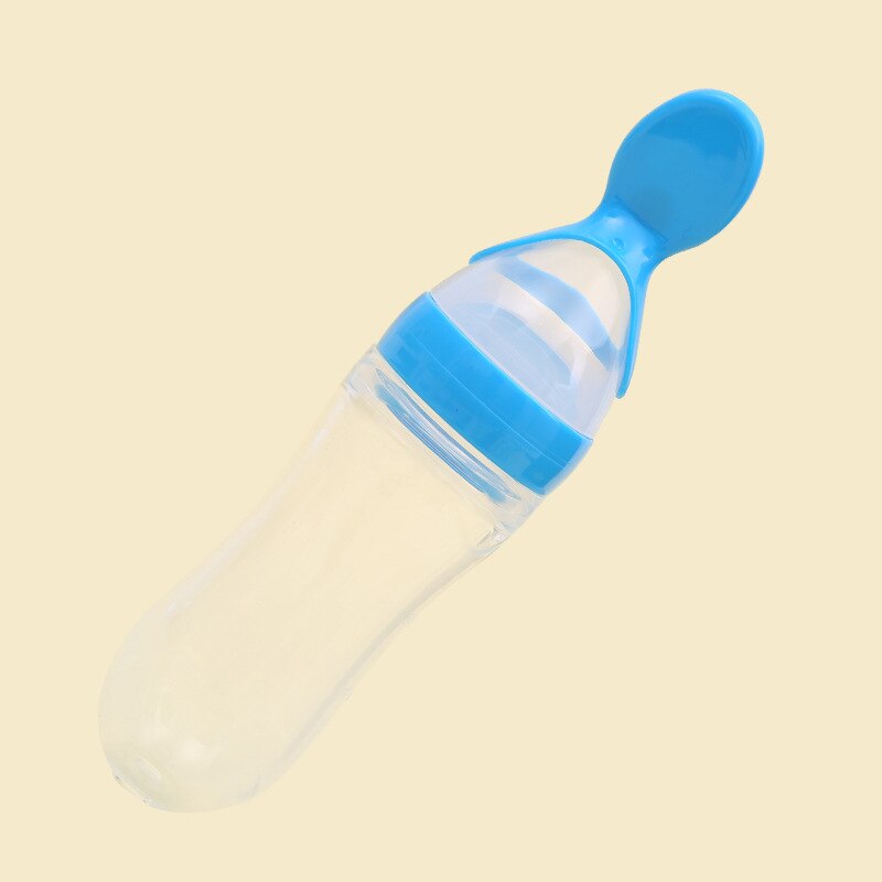90ml dejlige sikkerhedssilikone sutteflasker til spædbørn med ske feeder mad korn ekstrudering type rispasta sutteflaske: Blå flaske