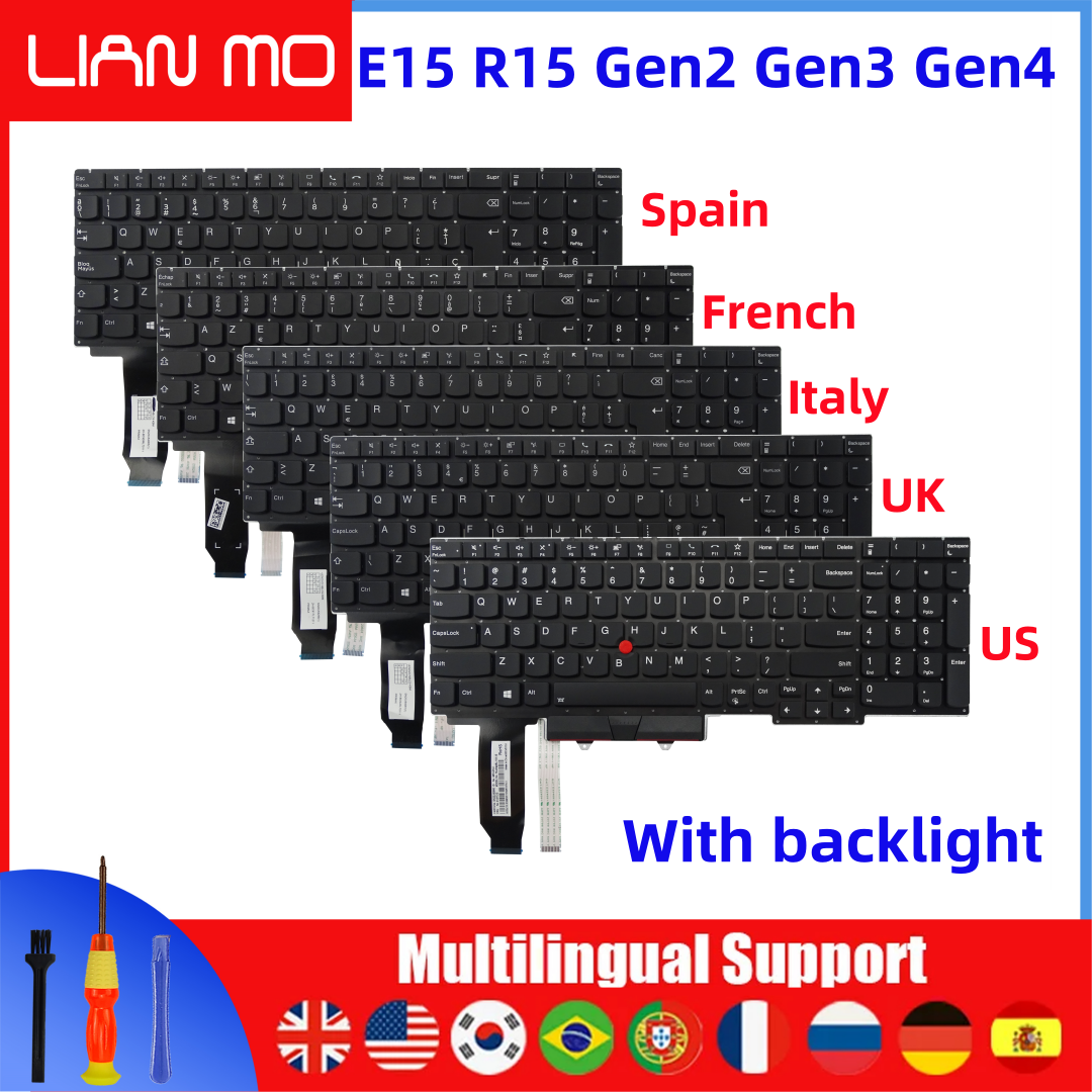 Clavier d'ordinateur portable américain/royaume-uni/russe/français/espagnol/italie adapté au clavier rétro-éclairé Lenovo Thinkpad E15 R15 Gen2 Gen3 Gen4