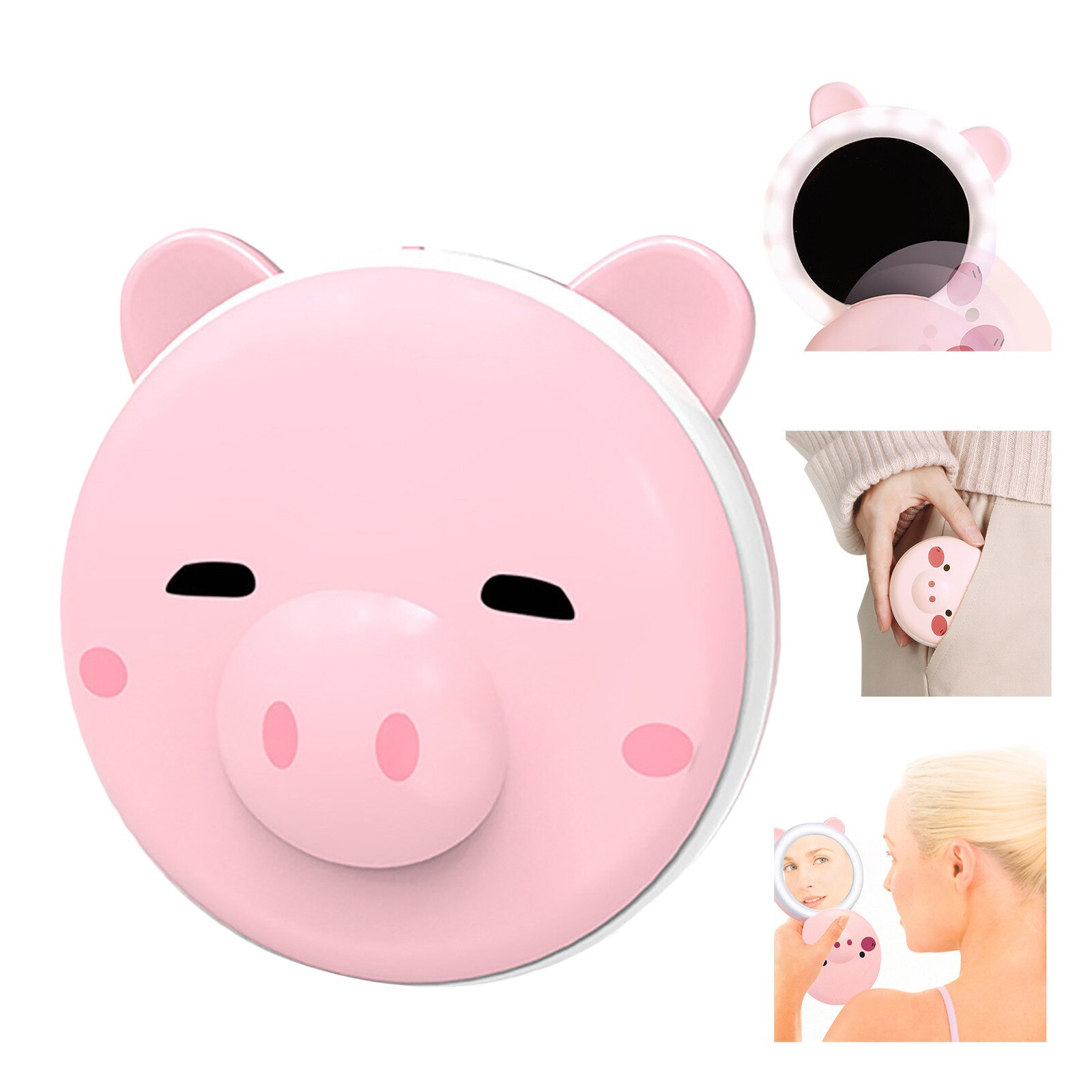 1pc 3 in 1 mini cosmetic mirror hand warmer pig-shaped hand warmer with LED light charging USB office mini hand warmer: C