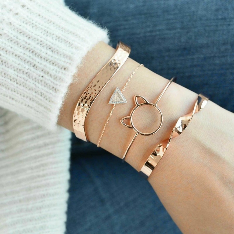 Nuevas pulseras de con personalidad de orejas de gato pulsera de oro rosa femenina y pulsera combina cuatro joyas de