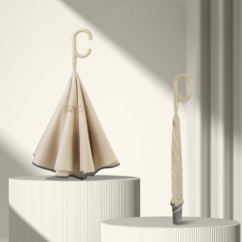 Ombrello inverso a doppio strato completamente automatico, ombrello a doppio strato, ombrello antivento a doppio scopo soleggiato e piovoso a manico lungo: bianca