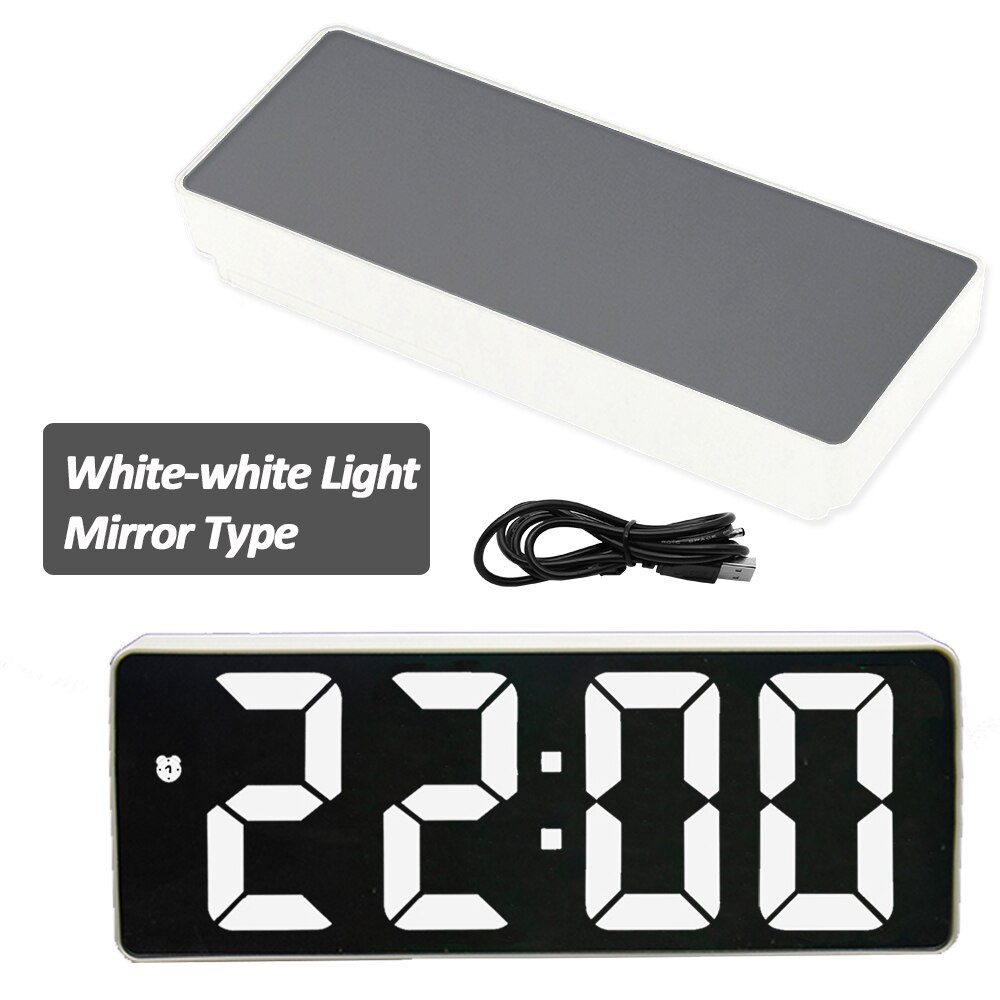 Digital Alarm Clock LED Screen Electronic Clock Large Number Display Clocks Digital Table Clocks With Voice Control Function: White-White-Mirror