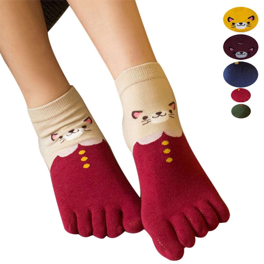 1 Paar Vrouwen Meisjes Zachte Cartoon Kat Sokken Vijf Vinger Tenen Katoen Herfst Winter Warme Sokken N66