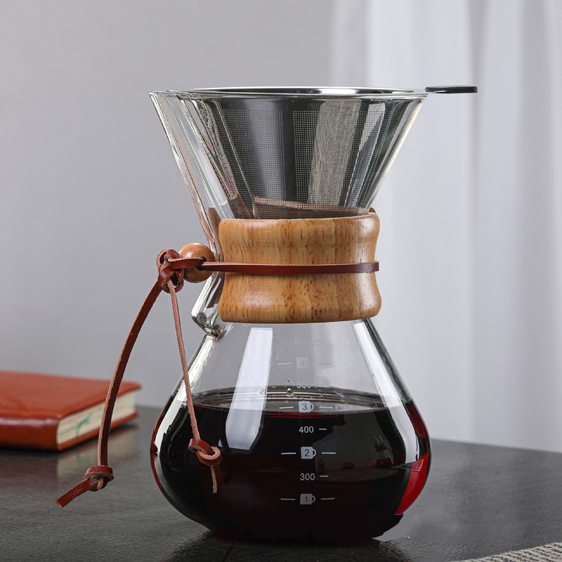 Glass Coffee Pot With Stainless Steel Filter High-Temperature Resistant Coffee Pot Espresso Coffee Machine Graduated Coffeeware: 600ml B with filter