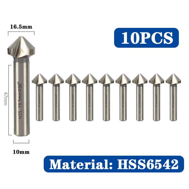 HSS Chamfer Chamfering Cutter End Mill Tool Countersink Drill Bit Set To Wood Stell Chamfer Cutter Power Tool 3 Flute 90 degree: 6542 10pcs 16.5mm