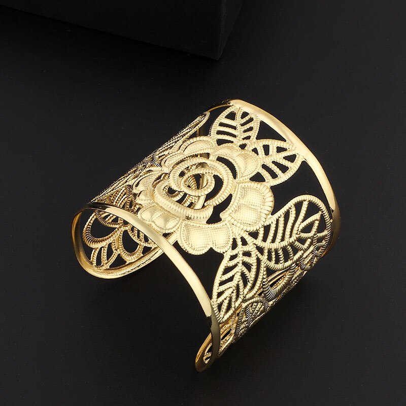 Hollow Wide Cuff Rose Flower Bracelet Bangles For Women Alloy Open Big Female Bangle Jewelry accesorios mujer: Default Title