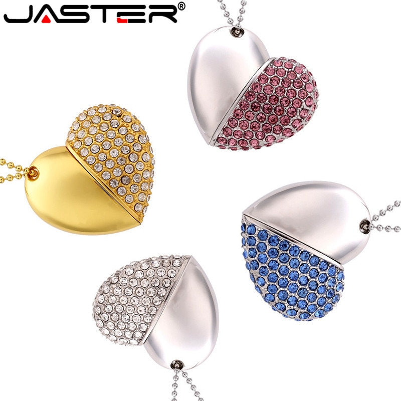 JASTER metal diamond love heart shape USB Flash Drives hearts with chain pendrive 4GB 8GB 16GB 32GB 64GB necklace memory stick