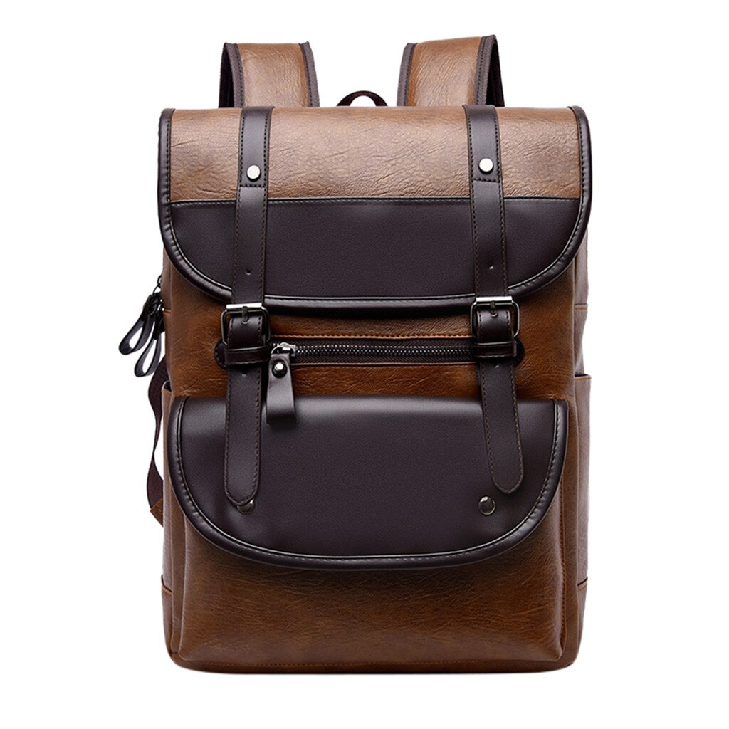 Leather Pu Backpack Men's Laptop Backpack Retro Unisex Student School Bag Multifunctional School Travel Waterproof Men's Bag: Khaki