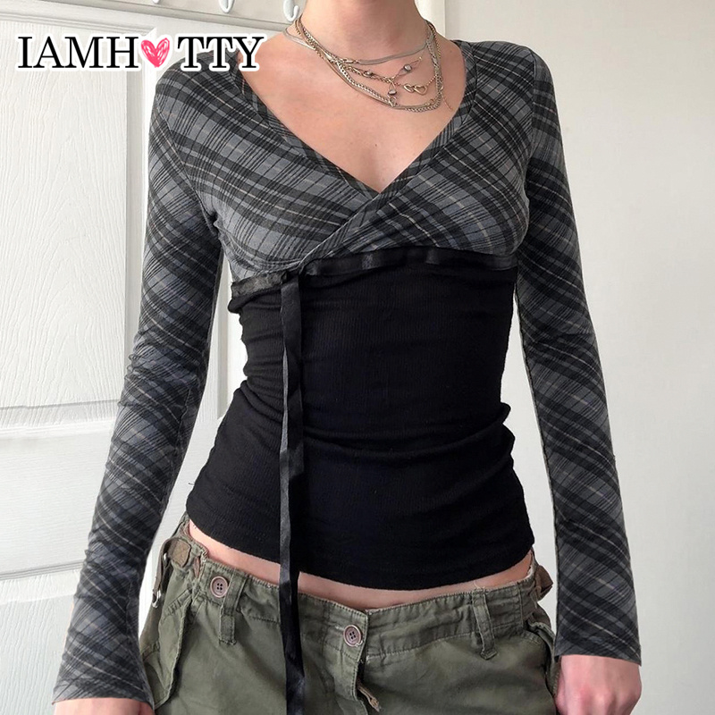 Iamhotty ternet patchwork-top i engelsk stil med v-hals og lange ærmer, koket æstetisk t-shirts med bindebånd og sløjfe i taljen