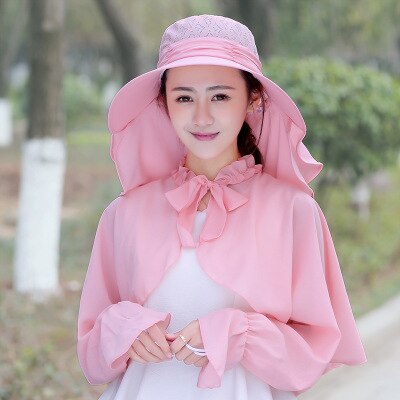 SUOGRY-Sombrero de sol con agujeros para mujer, Anti UV de protección solar, traje con chal: pink