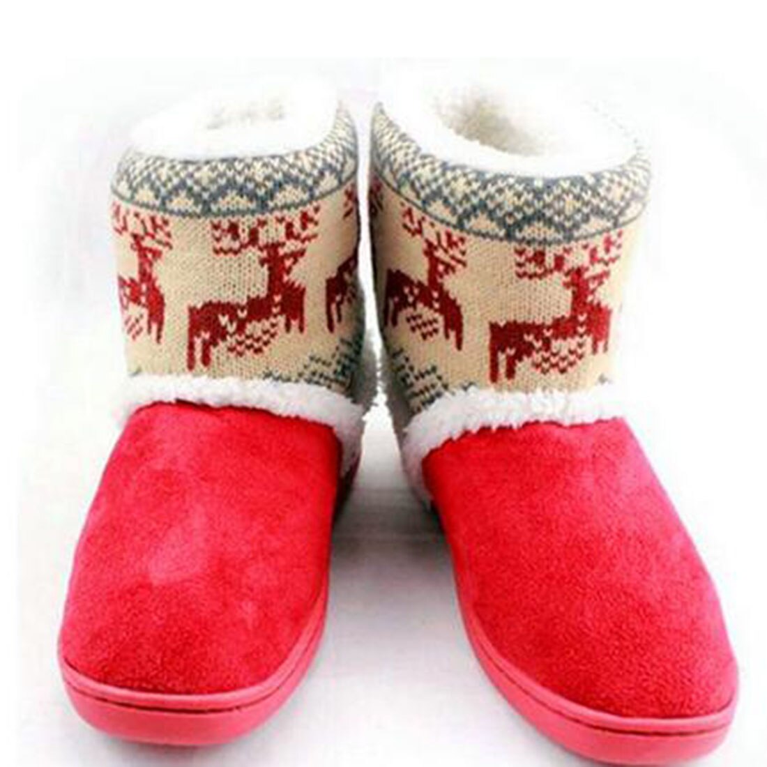 Botas de nieve de invierno con estampado de ciervo, botines gruesos de alce para mujer, par de botas de felpa, botas cortas para interiores con forro de piel: Rojo / 9