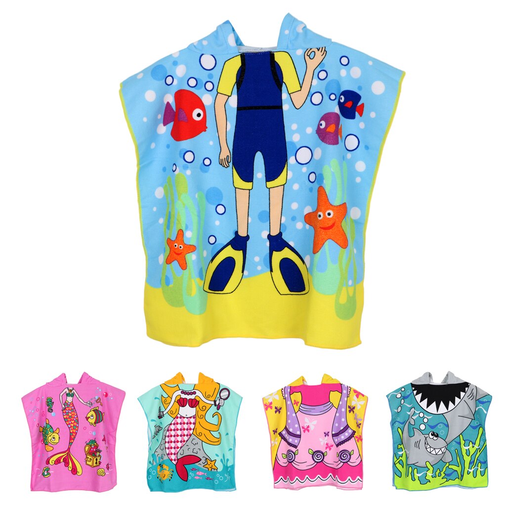Swimming Surf Changing Robe Comfortable Beach Hooded Poncho Wetsuit Towel with Mermaid Butterfly Shark Image for Boys Girls