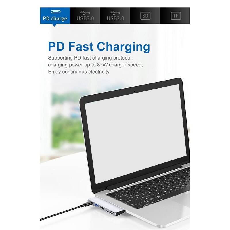 USB-C Hub Adapter, Tragbare 5 in 1 USB Typ C Adapter mit USB 3,0 USB 2,0 Häfen,SD/TF Kartenleser und PD Ladung Hafen