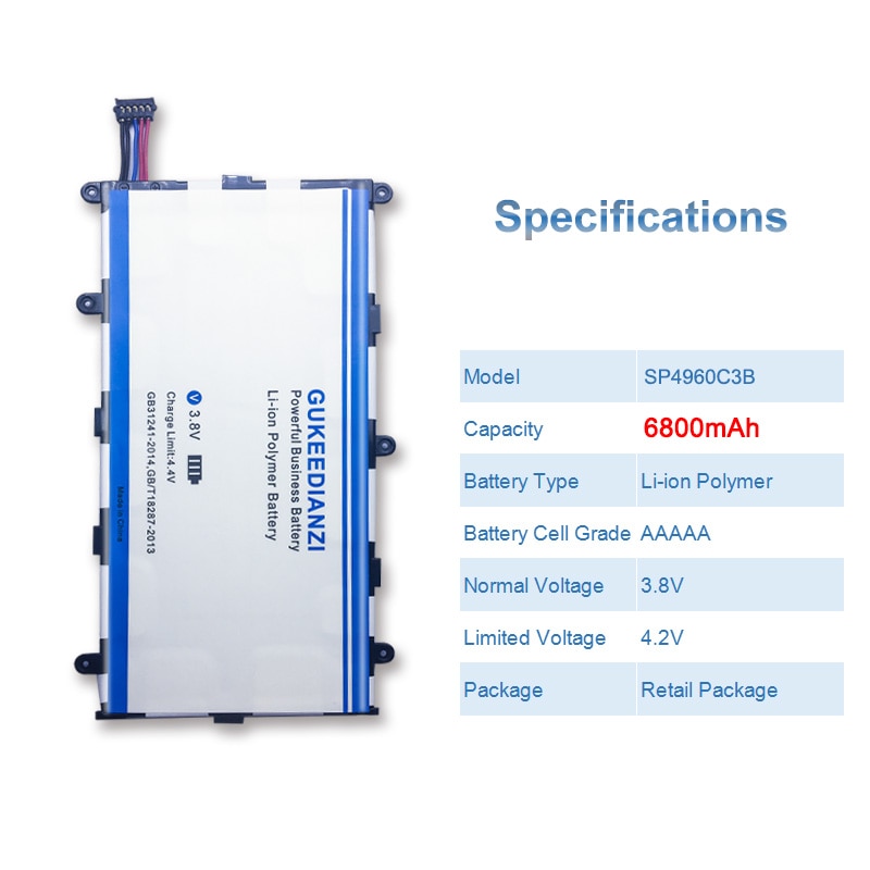 GUKEEDIANZI Tablet Li-ion Polymer Replacement Battery SP4960C3B 6800mAh For Samsung GALAXY Tab 2 7.0 GT P3100 P3110 P3113 P6200