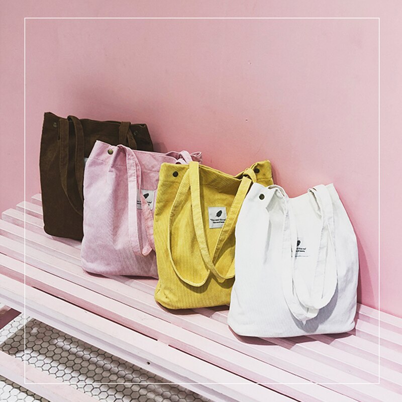 Hoge Capaciteit Vrouwen Corduroy Tote Dames Casual Effen Kleur Schoudertas Opvouwbare Herbruikbare Vrouwen Winkelen Strandtas