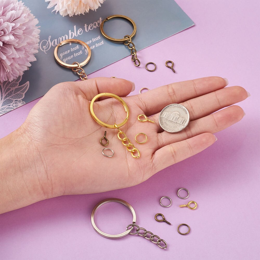 360pcs DIY Keychain Making Kits with Iron Split Key Rings Close but Unsoldered Jump Rings Alloy Iron Screw Eye Pin Peg Bails