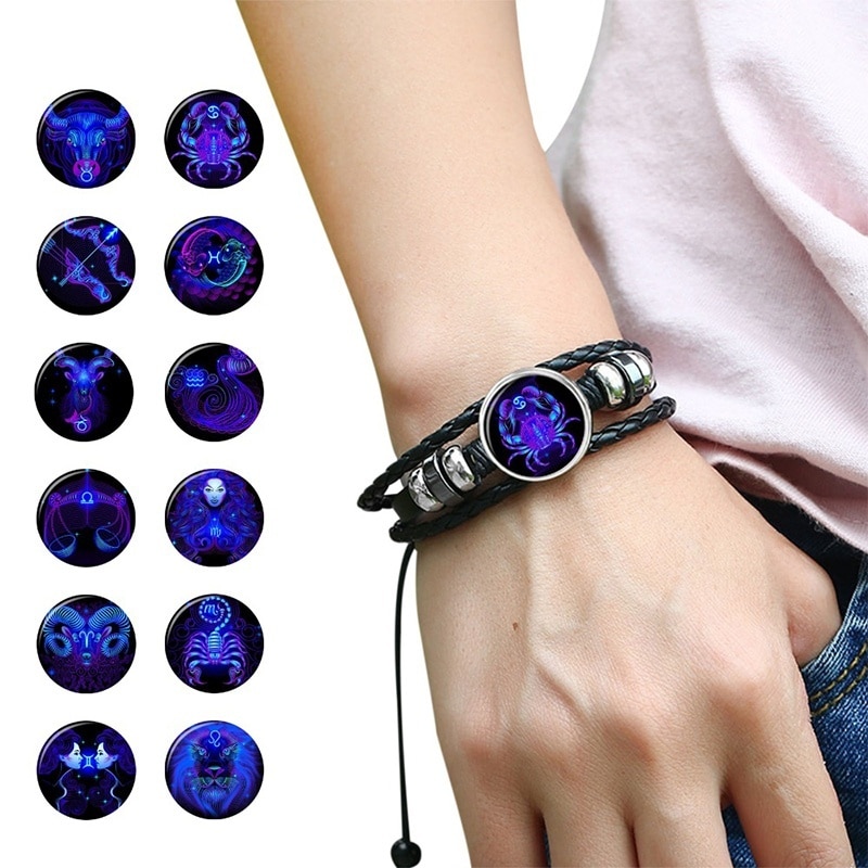 12 Constellation Zodiak Teken Blauw Glas Lederen Armband Ram Waterman Leeuw Maagd Geweven Glas Dome Sieraden Punk Mannen Armband