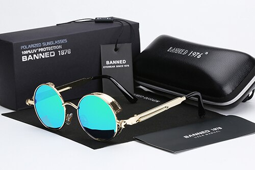 Retro rund metal hd polariserede punk steampunk solbriller til kvinder mænd,vintage solbriller oculos de sol feminino masculino: Guldgrøn