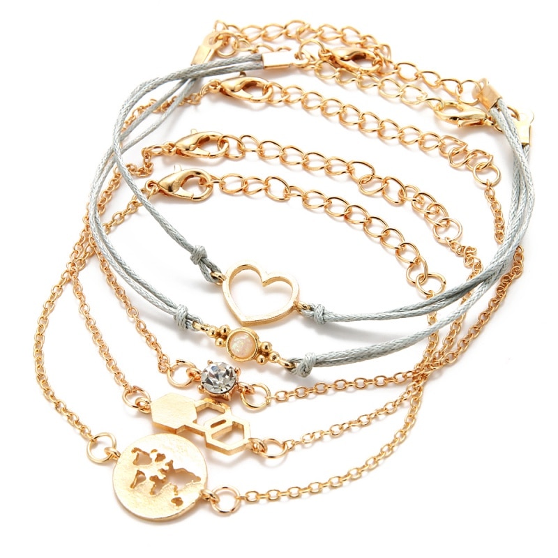 New New Rope Chains Jewelry Gift Trendy Hollowing Geometric Hexagon Opal Love Heart Disc Map Zircon Bracelets Female 5 Pcs/set