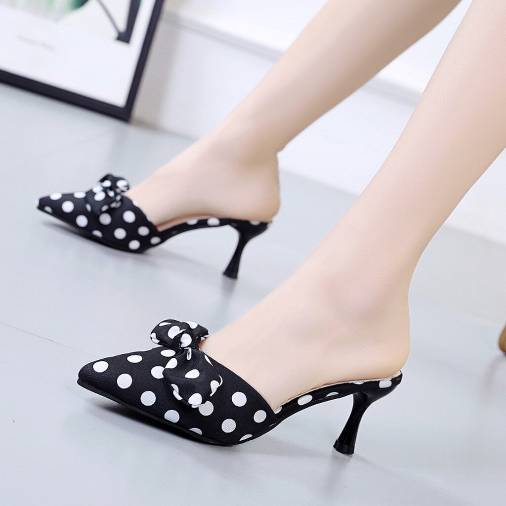Sandalias de tacón fino de verano con estampado de lunares con nudo de mariposa, zapatos de punta estrecha para mujer