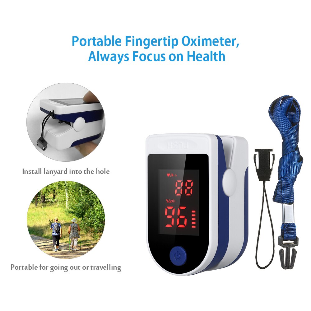 Portable Blood Oxygen Finger Pulse Digital Fingertip Oximeter Oxygen Saturation Meter Finger Monitor Oximetro + Lanyard & Pouch