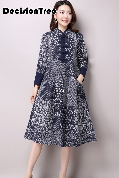 vestido chino tradicional qipao mujeres cheongsam estilo chino flor femenina estampado vestido oriental Chino de manga larga