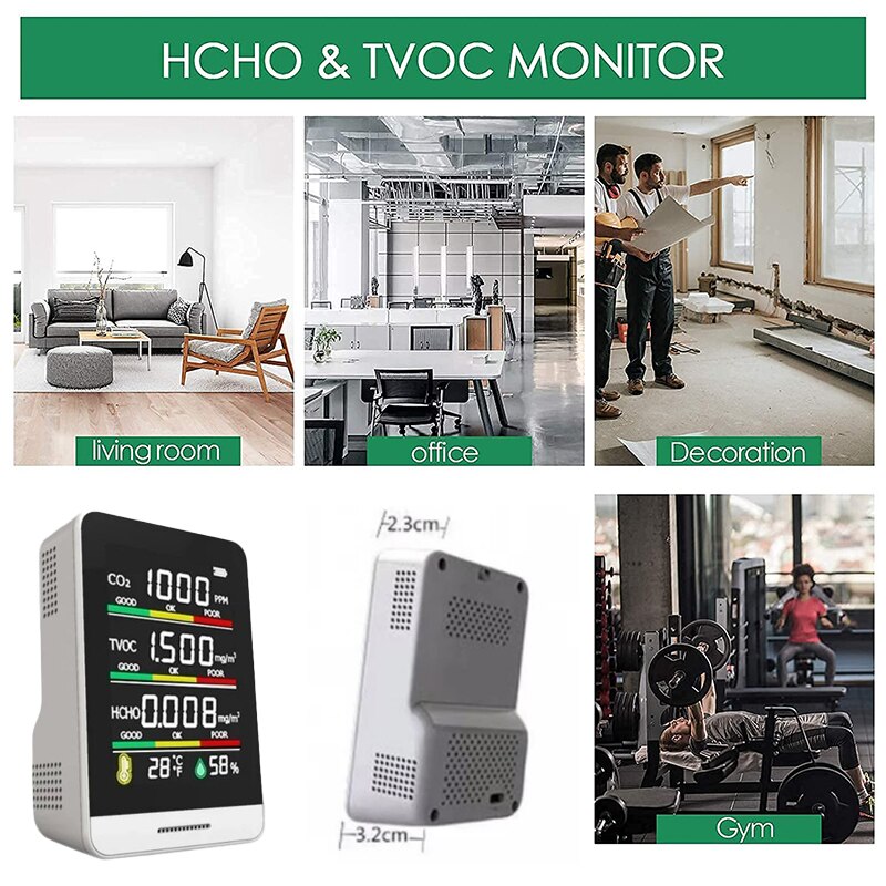 Portable Home 5 in 1 CO2 Meter Digital Temperature Humidity Sensor Tester Air Monitor Carbon Dioxide TVOC HCHO Detector
