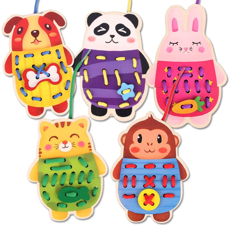 Wooden 3d Puzzles Cartoon Animal Lacing Card Rope 5PCS Exercise Concentration Hand Eye Children Classic Life Skills Toys