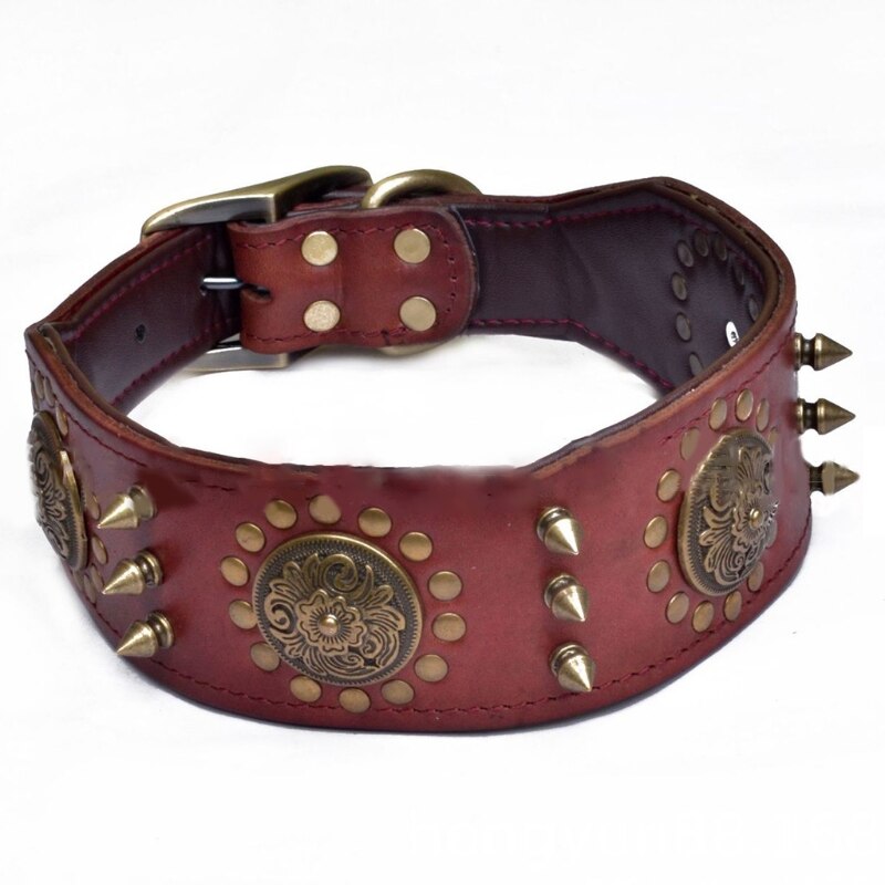 Adjustable Stylish Leather Dog Collar Studded Soft Padded Inside Brown Leather Y5GB