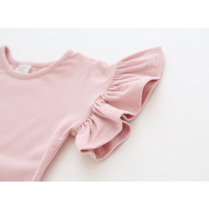 Zomer Meisje Katoenen Casual T-Shirt Effen Kleur Korte Ruffle Mouwen Stijl Baby Kinderen Pasgeboren Meisjes Sweatshirt Tops