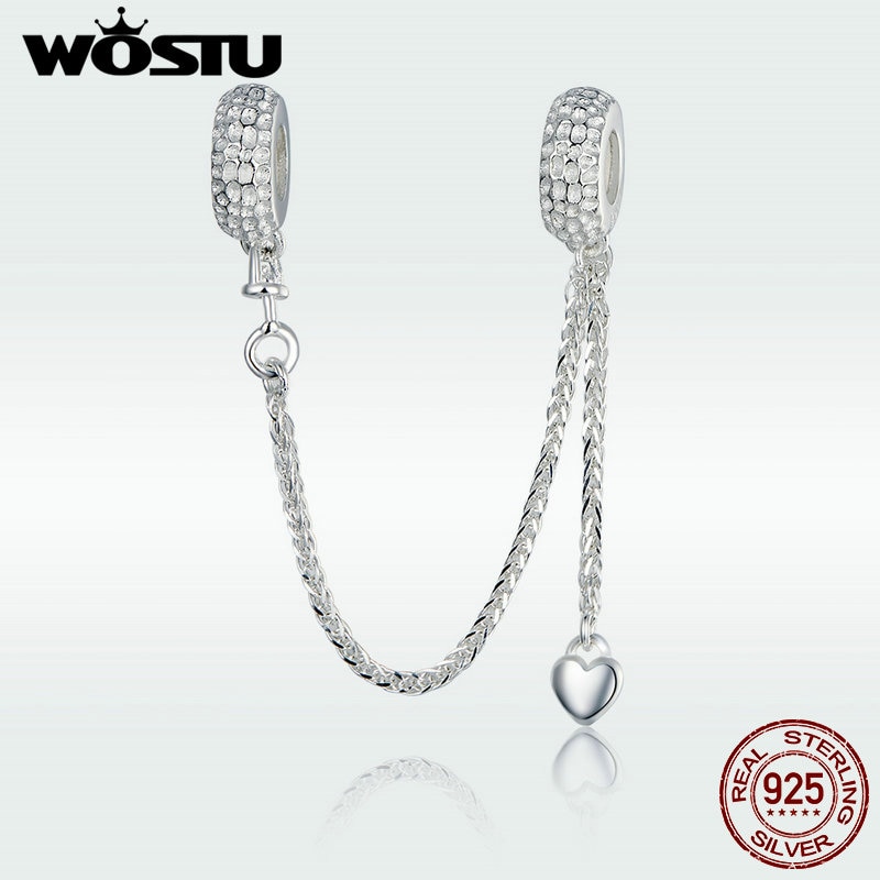 Cadena de seguridad de corazón de Plata de Ley 925 WOSTU, abalorio de ajuste Original, pulsera, joyería para hacer colgantes y collar DXC1112