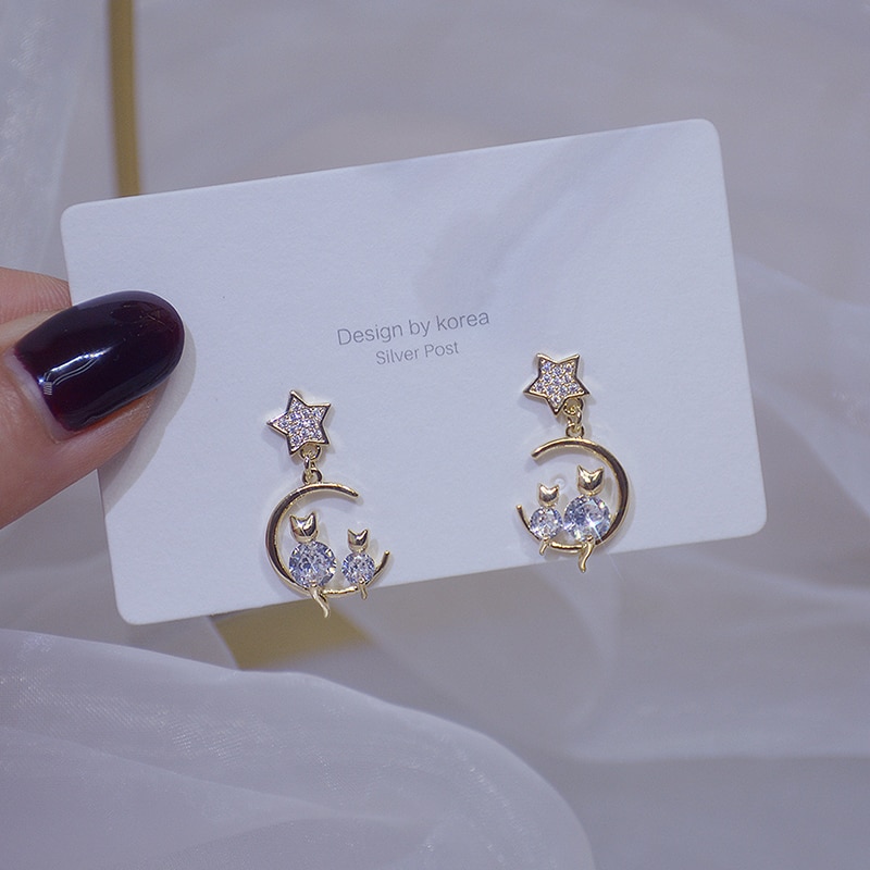 Cute Little Cat Shine Diamond Women Earring Bling AAA Zircon 14K Real Gold Stud Earring Daily Anniversary Star Jewelry Pendant