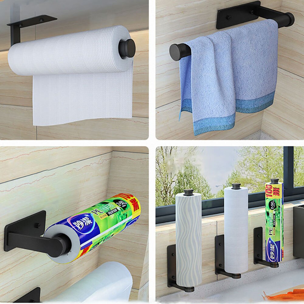Punch-Free Black Kitchen Accessories Organizer Cling Film Rack Aluminum Napkin Hanger Bathroom Space Tissue Holder