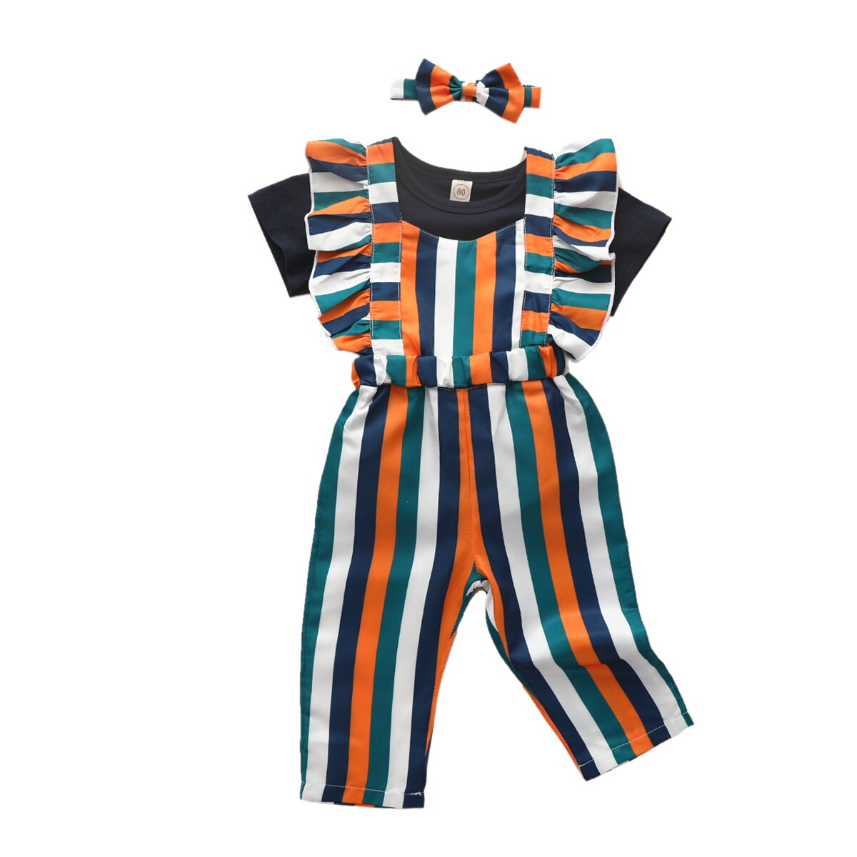 Newborn Girls Summer Outfits Sets Round Neck Short Sleeve Romper Top + Stripe Feifei Sleeve Jumpsuit + Bow Headband